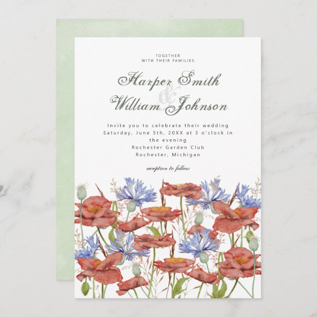 Watercolor meadow flowers grass wedding invitation (Front/Back)