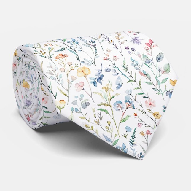 Watercolor Meadow Flowers Pattern Tie (Rolled)