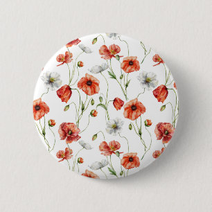 Watercolor Meadow Poppies And White Wildflowers 6 Cm Round Badge