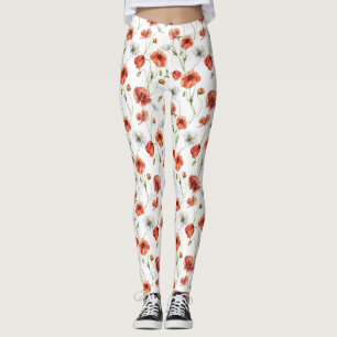 Watercolor Meadow Poppies And White Wildflowers Leggings