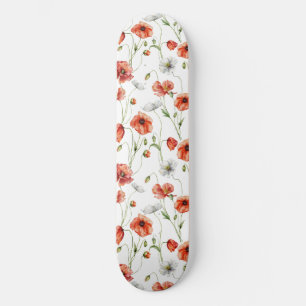 Watercolor Meadow Poppies And White Wildflowers Skateboard