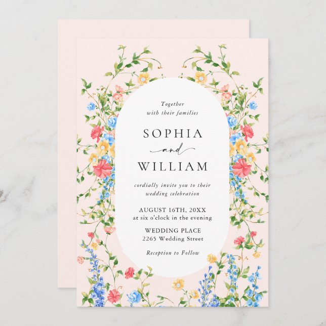 Watercolor Meadow Wildflower Bohemian Wedding Invitation (Front/Back)