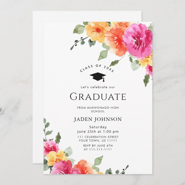 Watercolor Meadow Wildflower Boho Graduation Party Invitation (Front/Back)