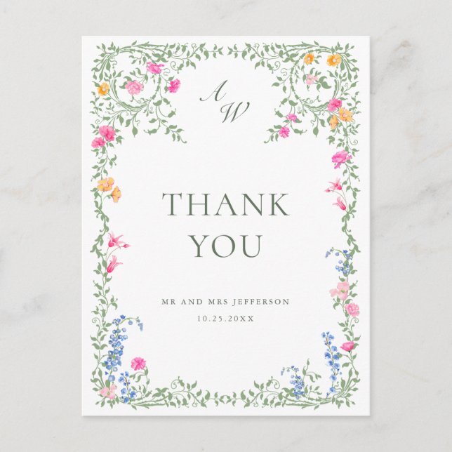 Watercolor Meadow Wildflower Boho Thank You Postcard (Front)