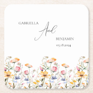 Watercolor Meadow Wildflower Classic Wedding Square Paper Coaster