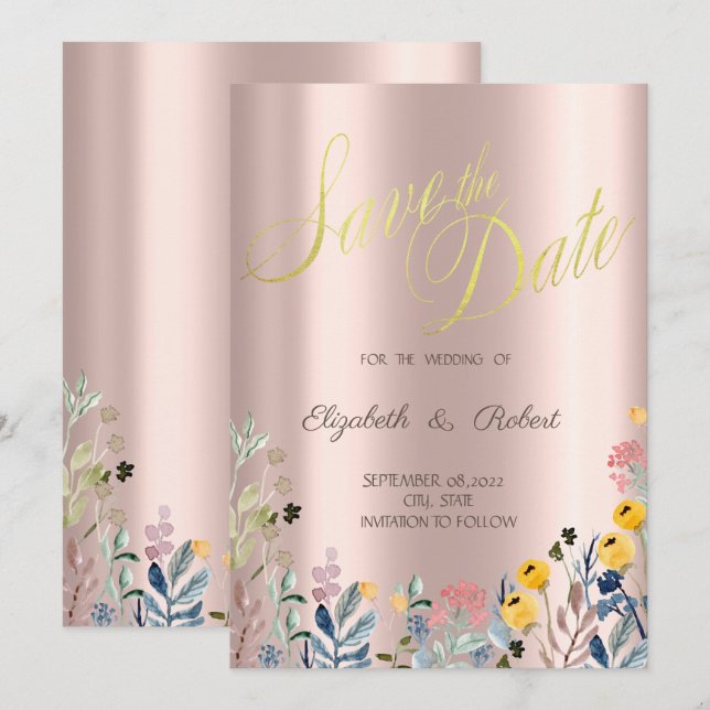 Watercolor Meadow Wildflower Rose Gold Save The Date (Front/Back)