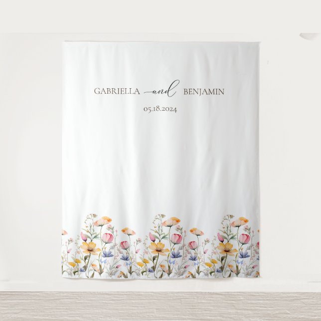 Watercolor Meadow Wildflower Wedding Backdrop Tapestry (Front)