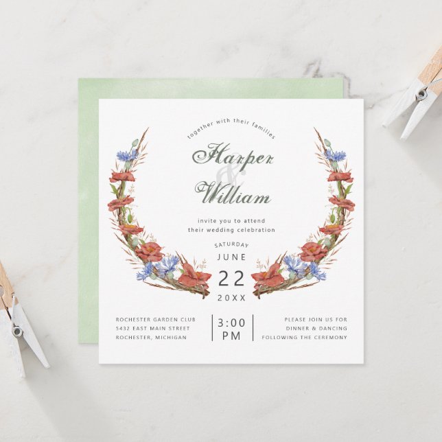 Watercolor meadow wildflowers crest wedding invitation (Front/Back In Situ)