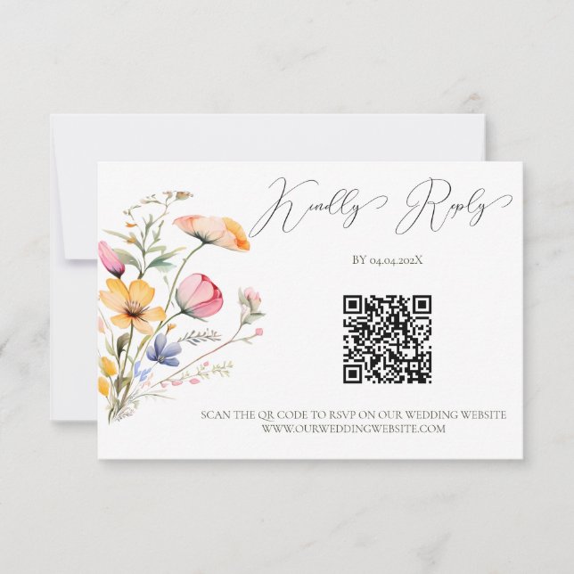 Watercolor Meadow Wildflowers Wedding QR Code RSVP Card (Front)