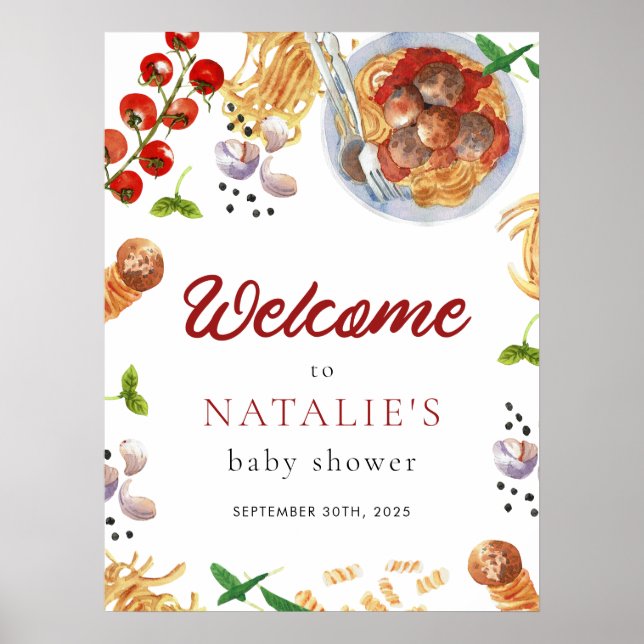 Watercolor Meatball Italian Baby Shower Welcome  Poster (Front)
