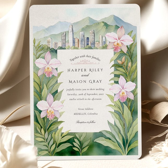 Watercolor Medellín Colombia Orchids Wedding Invitation (Creator Uploaded)