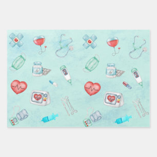 Watercolor Medical Doctor Nurse Themed  Wrapping Paper Sheet