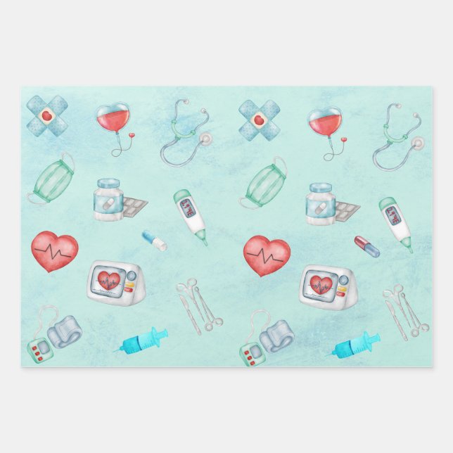 Watercolor Medical Doctor Nurse Themed  Wrapping Paper Sheet (Front)