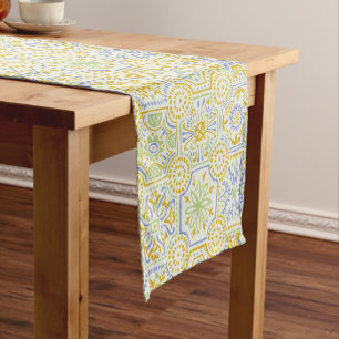 Watercolor Mediterranean Azulejo Boho Pattern  Short Table Runner