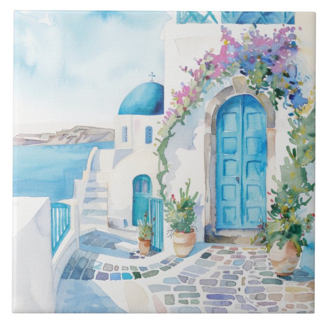Watercolor Mediterranean  Ceramic Tile (Front)