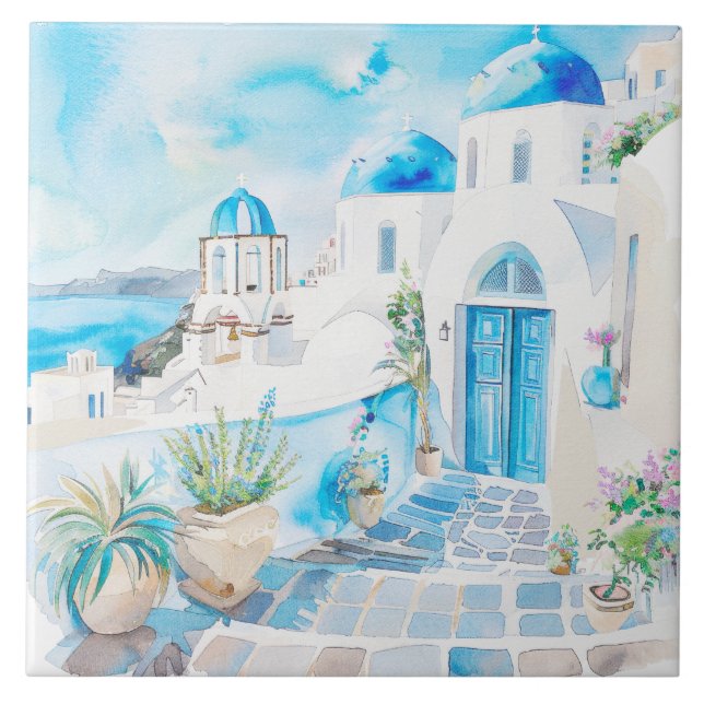 Watercolor Mediterranean  Ceramic Tile (Front)