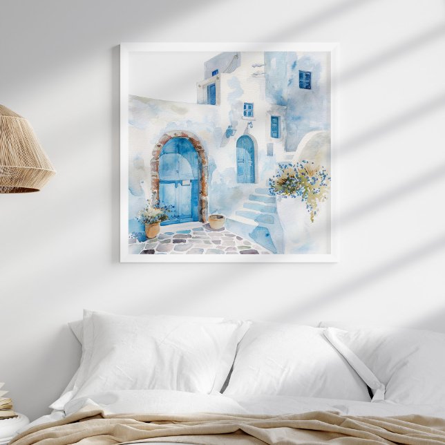 Watercolor Mediterranean Coastal Travel Wall Art (Watercolor Mediterranean Coastal Travel Wall Art in a neutral coastal boho bedroom in white frame.)