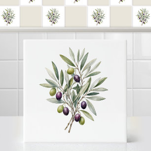 Watercolor Mediterranean Olive Branch with Leaves Ceramic Tile