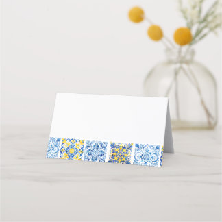 Watercolor Mediterranean Portuguese Blue Tile Place Card