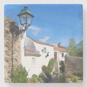 Watercolor Mediterranean village Stone Coaster