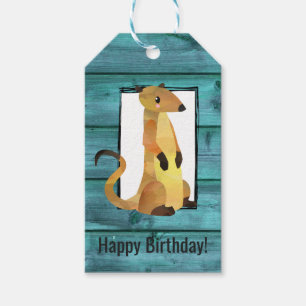 Watercolor Meerkat on Blue Wood Birthday Gift Tags