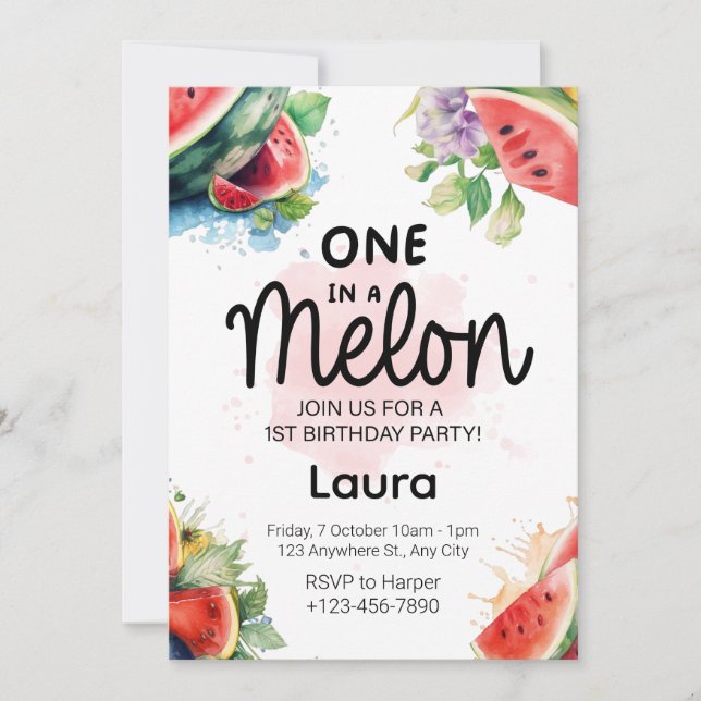 Watercolor melon - 1st Birthday Party Invitation (Front)