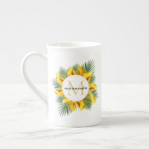 Watercolor Melon Tropical Leaves Wreath Monogram Bone China Mug