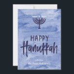 Watercolor Menorah Hanukkah Flat Photo Card<br><div class="desc">A wash of watery blue serves as a subtle backdrop for a textured menorah illustration and inky, hand-lettered Happy Hanukkah text. Don't forget to personalise this two-photo holiday card with your own photos and name text. Add your own special touch with the "customise it" options and change everything from the...</div>