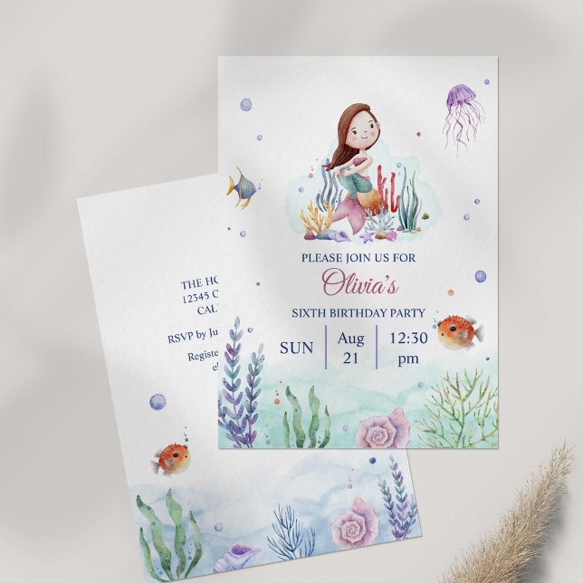 Watercolor Meramaid Sealife Birthday Invitation (Watercolor Meramaid Sealife Birthday Invitation on table)