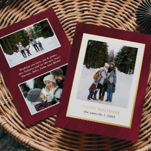 Watercolor Merlot Red Frame 3 Photos Christmas Foil Holiday Card