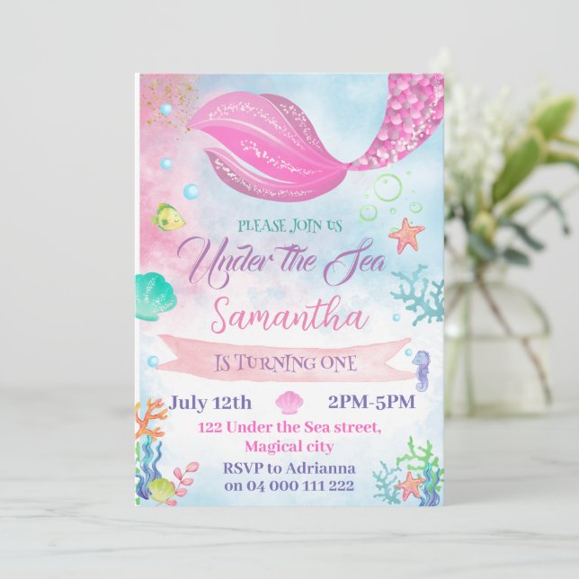 Watercolor Mermaid 1st 2nd 3rd 4th 5th Birthday Invitation (Standing Front)