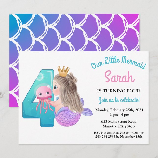 Watercolor Mermaid 4th Birthday Party Invitation (Front/Back)