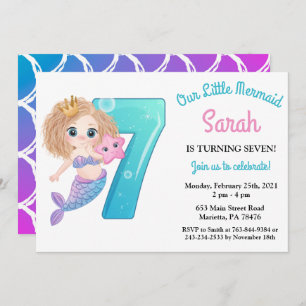 Watercolor Mermaid 7th Birthday Party Invitation