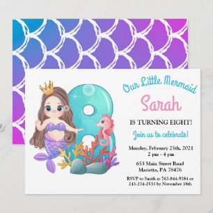 Watercolor Mermaid 8th Birthday Party Invitation