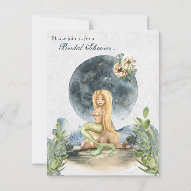 Watercolor Mermaid and Full Moon Bridal Shower Invitation (Front)