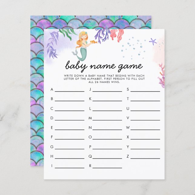 Watercolor Mermaid Baby Shower Game Name Game (Front/Back)