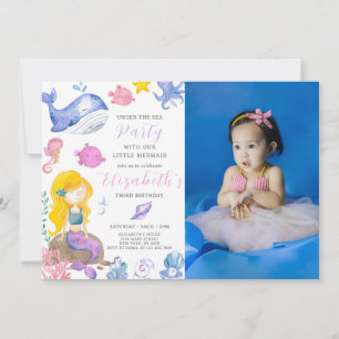 Watercolor Mermaid Birthday Invitation With Photo