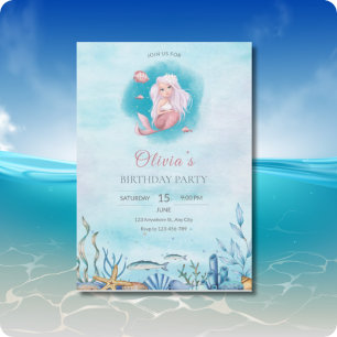 Watercolor Mermaid Birthday Party Invitation