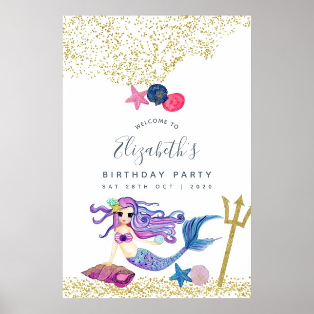 Watercolor Mermaid Birthday Party Welcome Poster (Front)