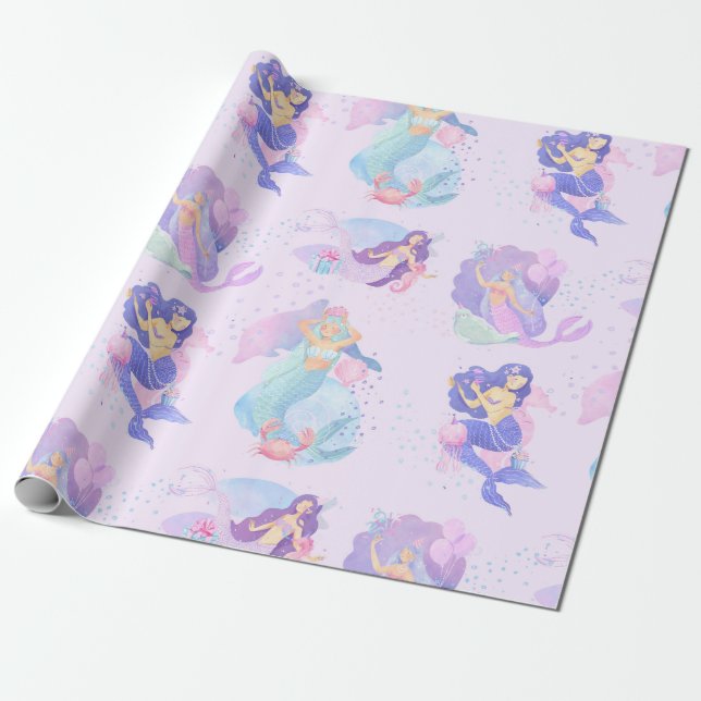 Watercolor Mermaid Birthday Party Wrapping Paper (Unrolled)