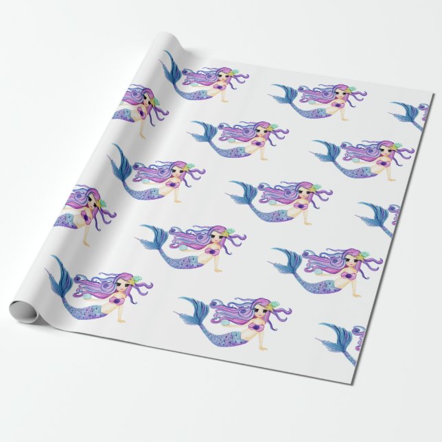 Watercolor Mermaid Birthday Party Wrapping Paper (Unrolled)