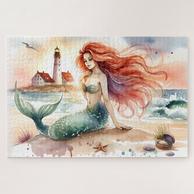 Watercolor Mermaid by Lighthouse Shore Jigsaw Puzzle (Horizontal)