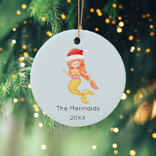 Watercolor Mermaid Christmas Photo Ceramic Ornament
