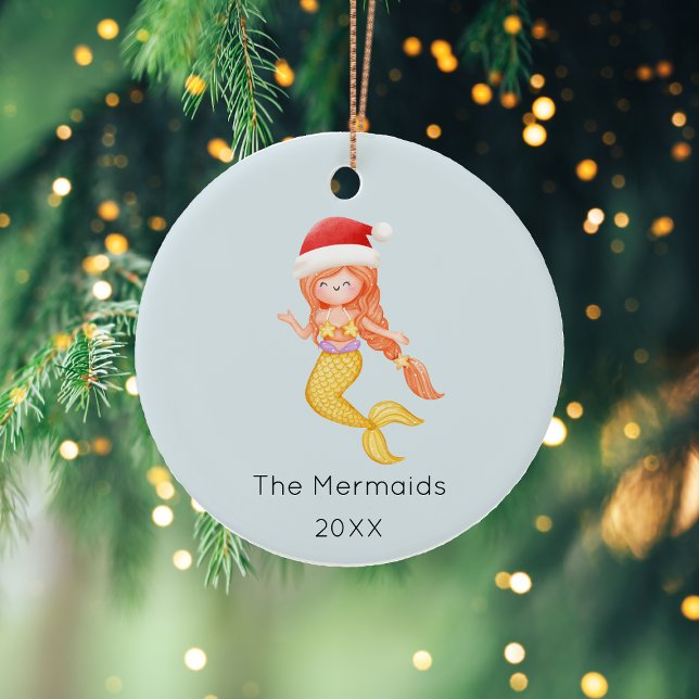 Watercolor Mermaid Christmas Photo Ceramic Ornament (Creator Uploaded)