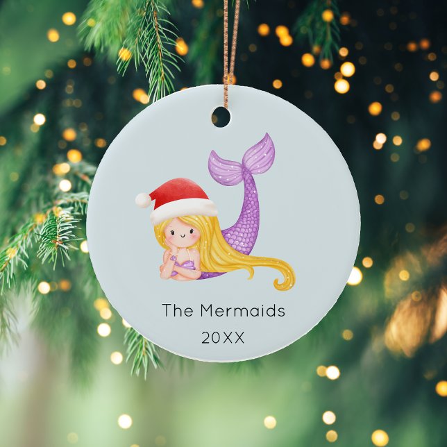 Watercolor Mermaid Christmas Photo Ceramic Ornament (Creator Uploaded)