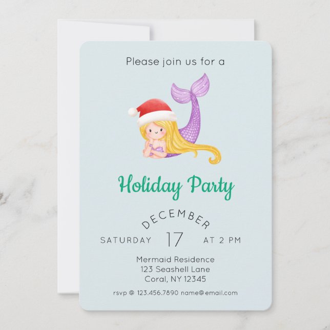 Watercolor Mermaid Holiday Party Invitation (Front)