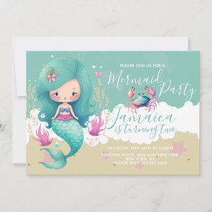 Watercolor Mermaid Ocean Beach Birthday Party Invitation