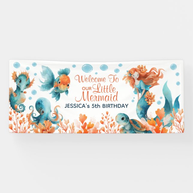 Watercolor Mermaid Ocean Kids' Birthday Welcome  Banner (Horizontal)