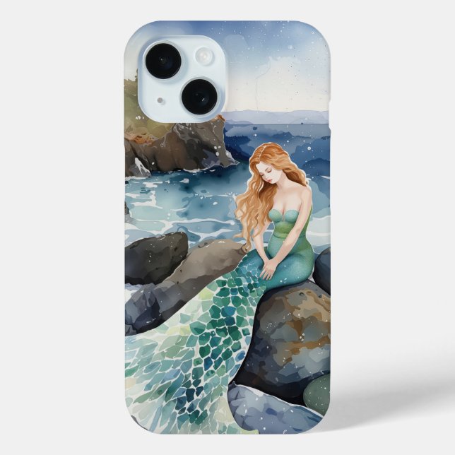Watercolor Mermaid On Ocean Rocks Case-Mate iPhone Case (Back)