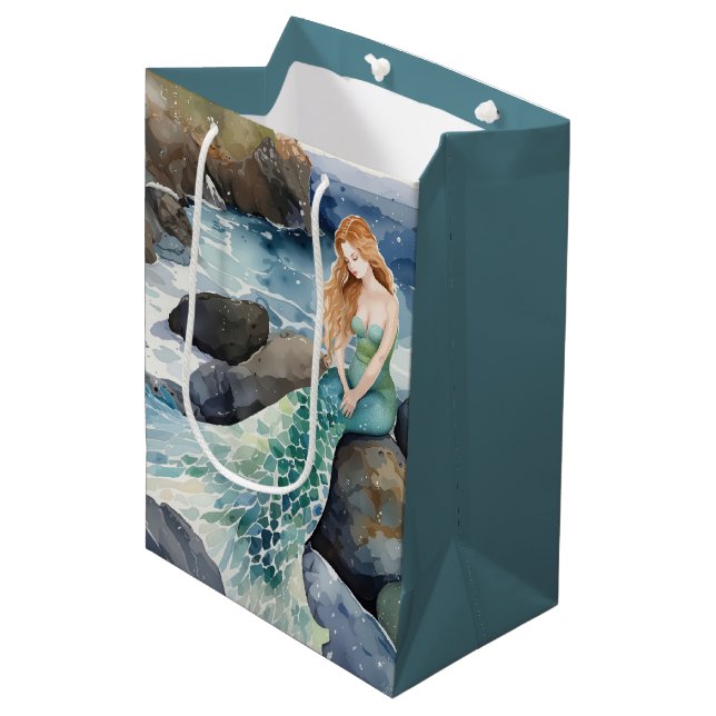 Watercolor Mermaid On Rocks Medium Gift Bag (Front Angled)